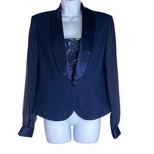 JR Nites by Caliendo Size 10 Jacket Sheer Sleeves Beaded Vest Satin Trim Blue